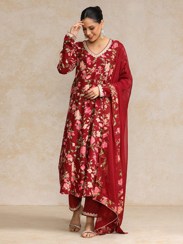Floral Printed V Neck Anarkali Kurta With Trouser & Dupatta